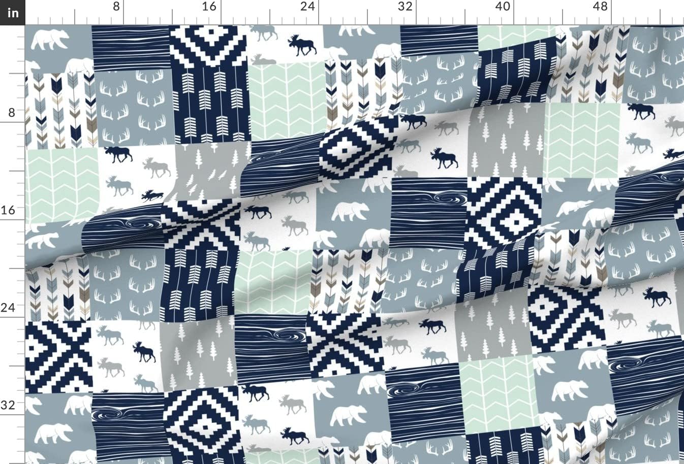 Spoonflower Fabric - Woodland Patchwork Rustic Woods Mint Boy Gray Moose Wholecloth Cheater Printed on Minky Fabric by The Yard - Sewing Baby Blankets Quilt Backing Plush