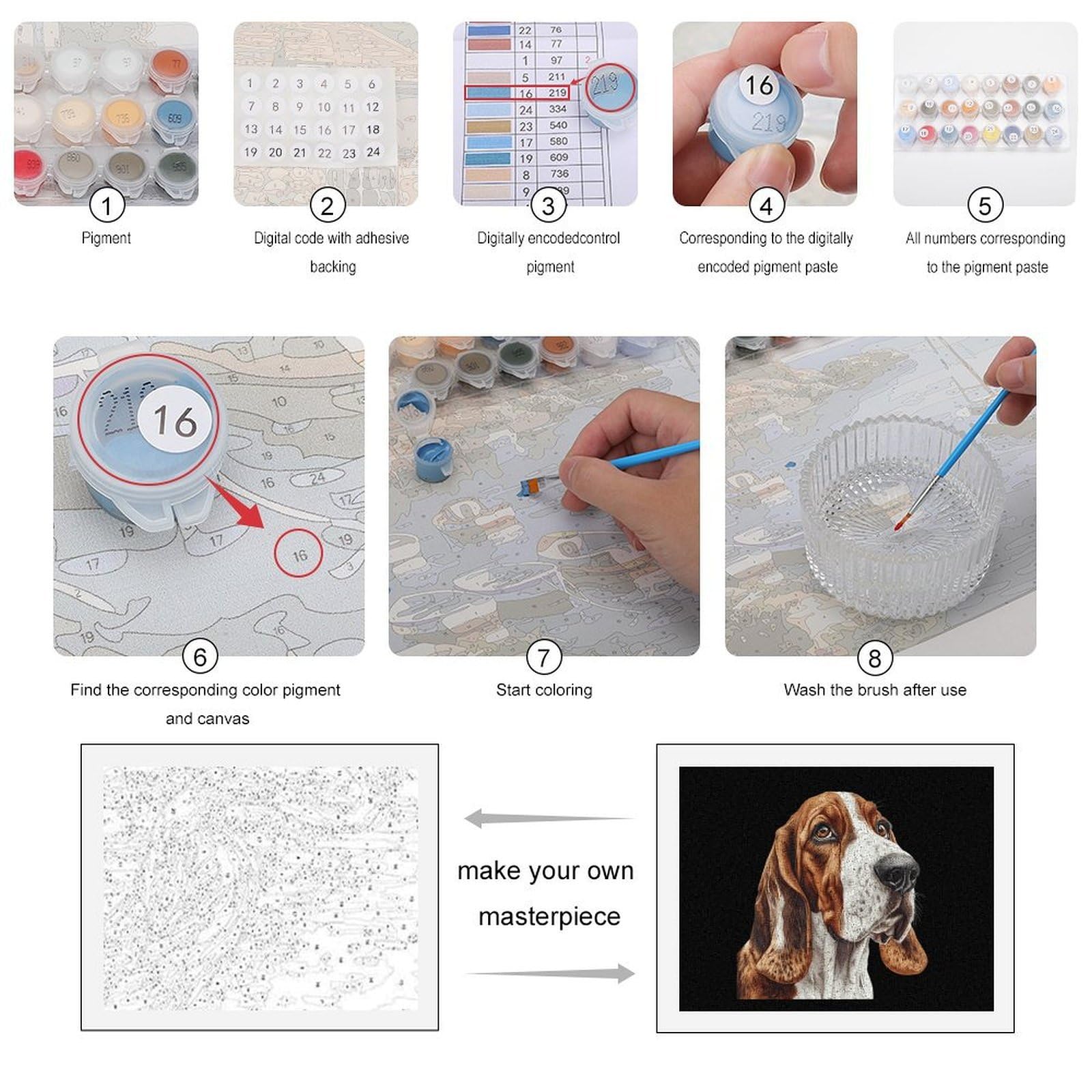Malen nach Zahlen, Motiv: Basset Hound Hund, bedruckt, für Erwachsene und Anfänger, bunt, DIY, einfaches Malen für Zuhause, Wanddekoration