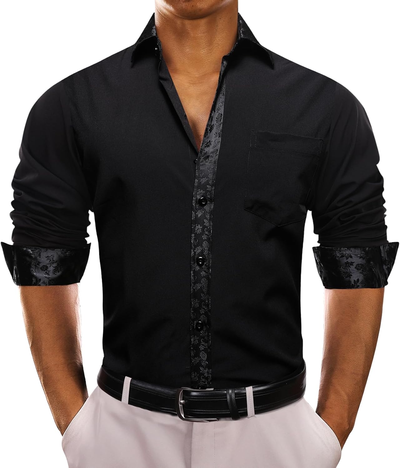 Barry.Wang Mens Business Shirts Long Sleeve Button Down Formal Shirt Collar Cuff Contrast Casual Dress Shirt Party Disco - Image 8