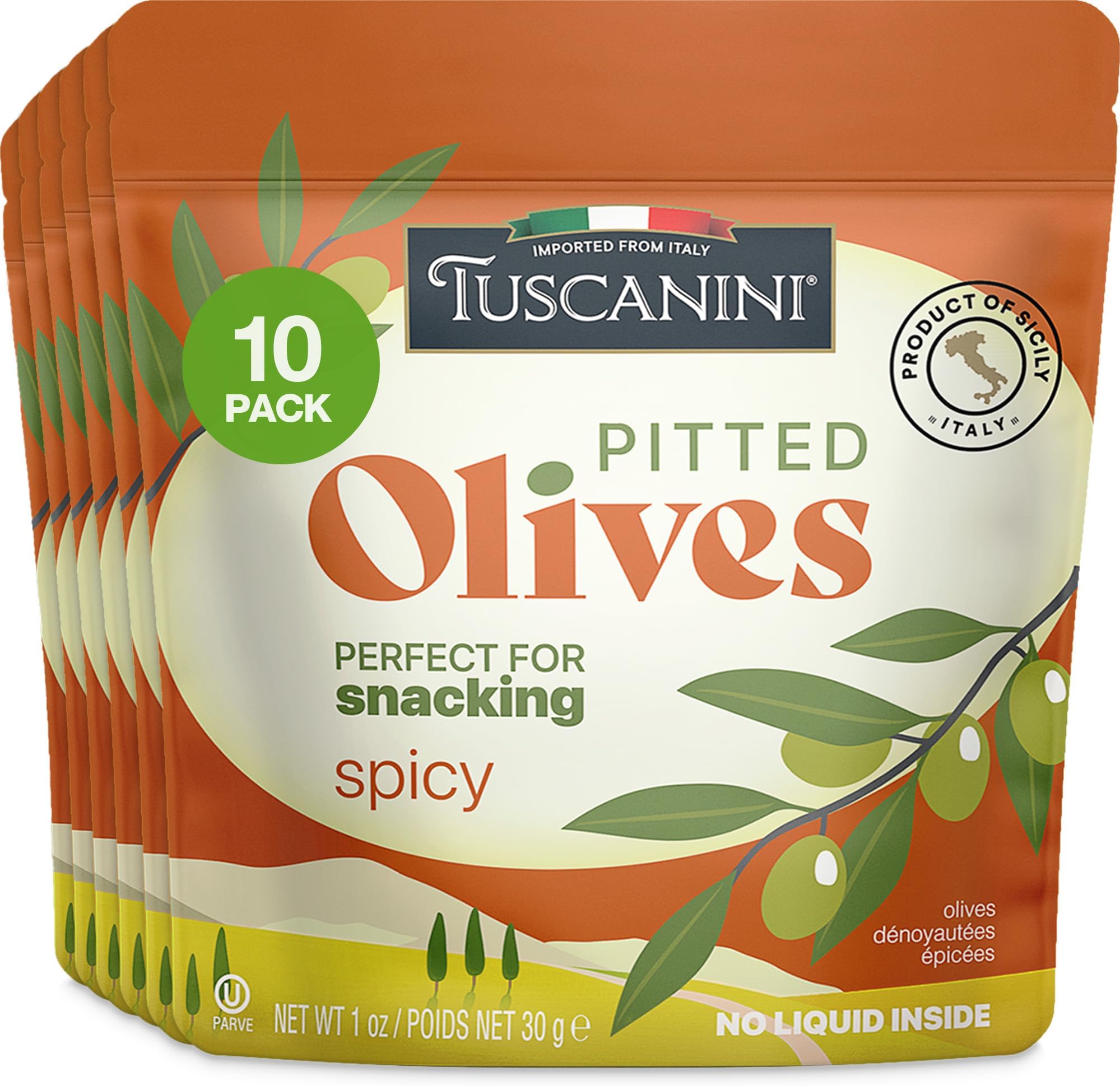 Italian Spicy Pitted Snack Olives, 1 oz (10 Pack) | Olive Pouches for Snacking | Salad Topper | Gluten Free, Vegan | For Travel, Picnics, & Office Snacks | Kosher