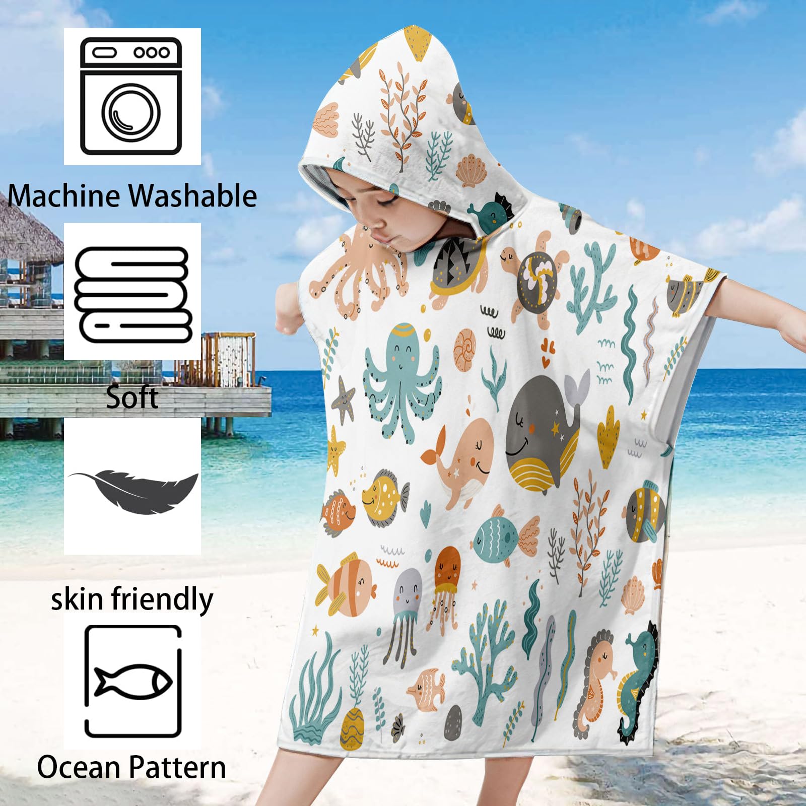 Serviette De Bain Enfant Satiskid Poncho De Bain à Capuche Enfant 65x75cm Serviette De Cape De Bain Enfant