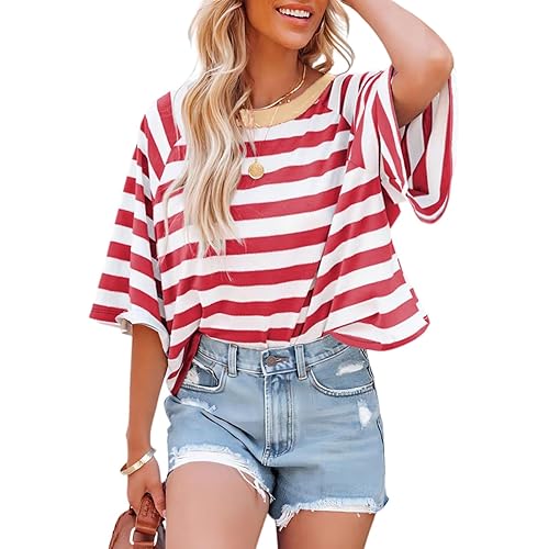 Dokotoo Tops for Women Striped 2024 Fashion T Shirts for Women Color Block Crewneck Design Loose Basic Tee