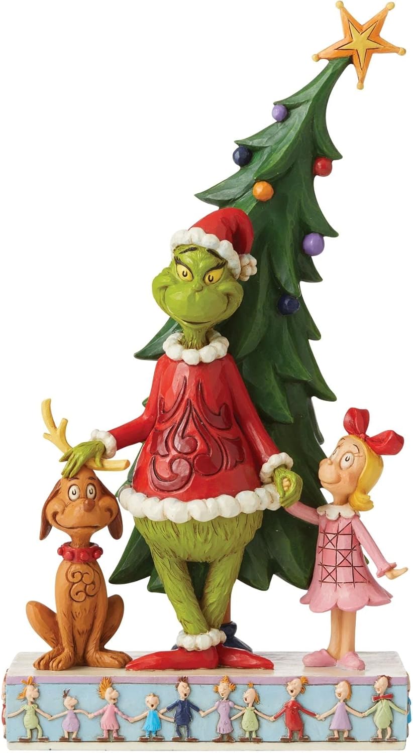 Enesco Jim Shore The Grinch, Max and Cindy with Christmas Tree Figurine, 11.22" H, Multicolor