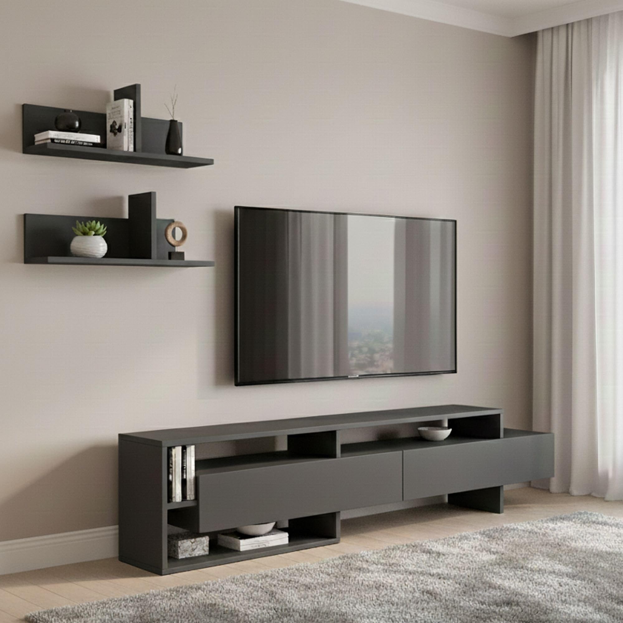 Dmora - Parete attrezzata Eudora, Composizione Soggiorno, Mobile Salotto Multiuso, Armadio Porta TV, 180x32 h42 cm, Antracite