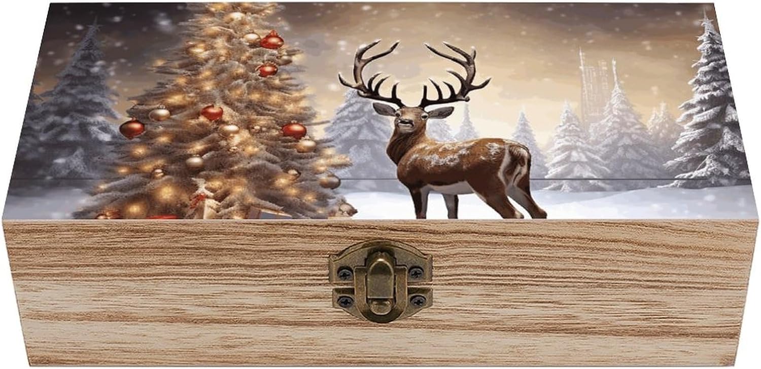 Wooden Box Wood Storage Box with Lid Solid Christmas Tree And Reindeer Wood Decorative Trunk for Keepsakes for Cooking Tools, Makeup, Or Office Supplies