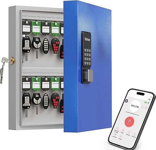 WeHere Caja de 32 llaves (incluye soporte de pared, aplicación Bluetoothcontraseña de una sola vezcontrol remoto Wi-FiCódigo fijoDesbloqueo de