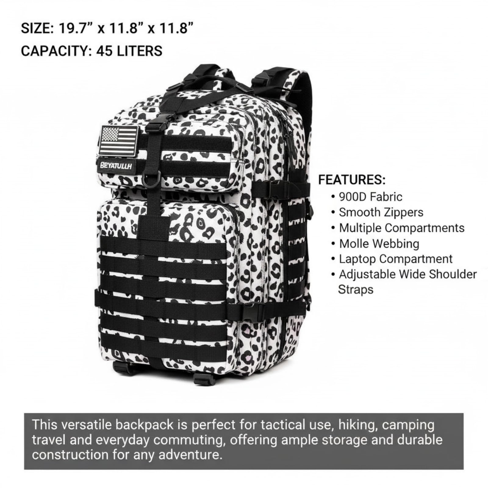 Mochila Táctica Militar 45L,Gran Capacidad, para Senderismo,Acampada y Crossfit,Hombre/Mujer (Sin bolsillo lateral, Estampado de leopardo)