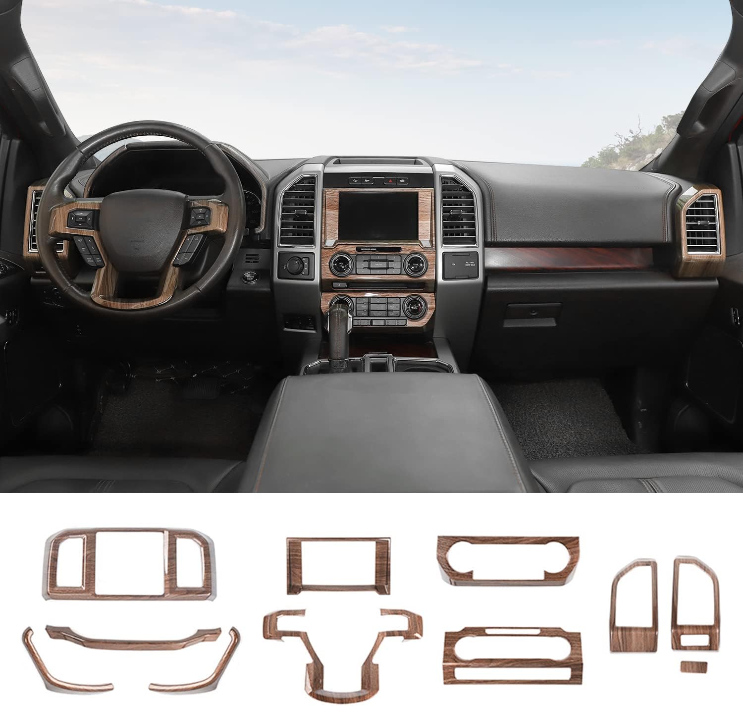 for F150 Interior Trim Kit, 11PCS Center Console Dashboard Trim & Navigation Panel Cover Compatible with 2015-2020 Ford F150 Interior Accessories, Wood Grain
