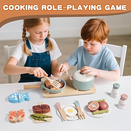 Miniatura 6 de Juego de accesorios de cocina de madera, juegos de ollas y sartenes de juguete para niños, juego de cocina con estufa de juguete, juegos de cocina