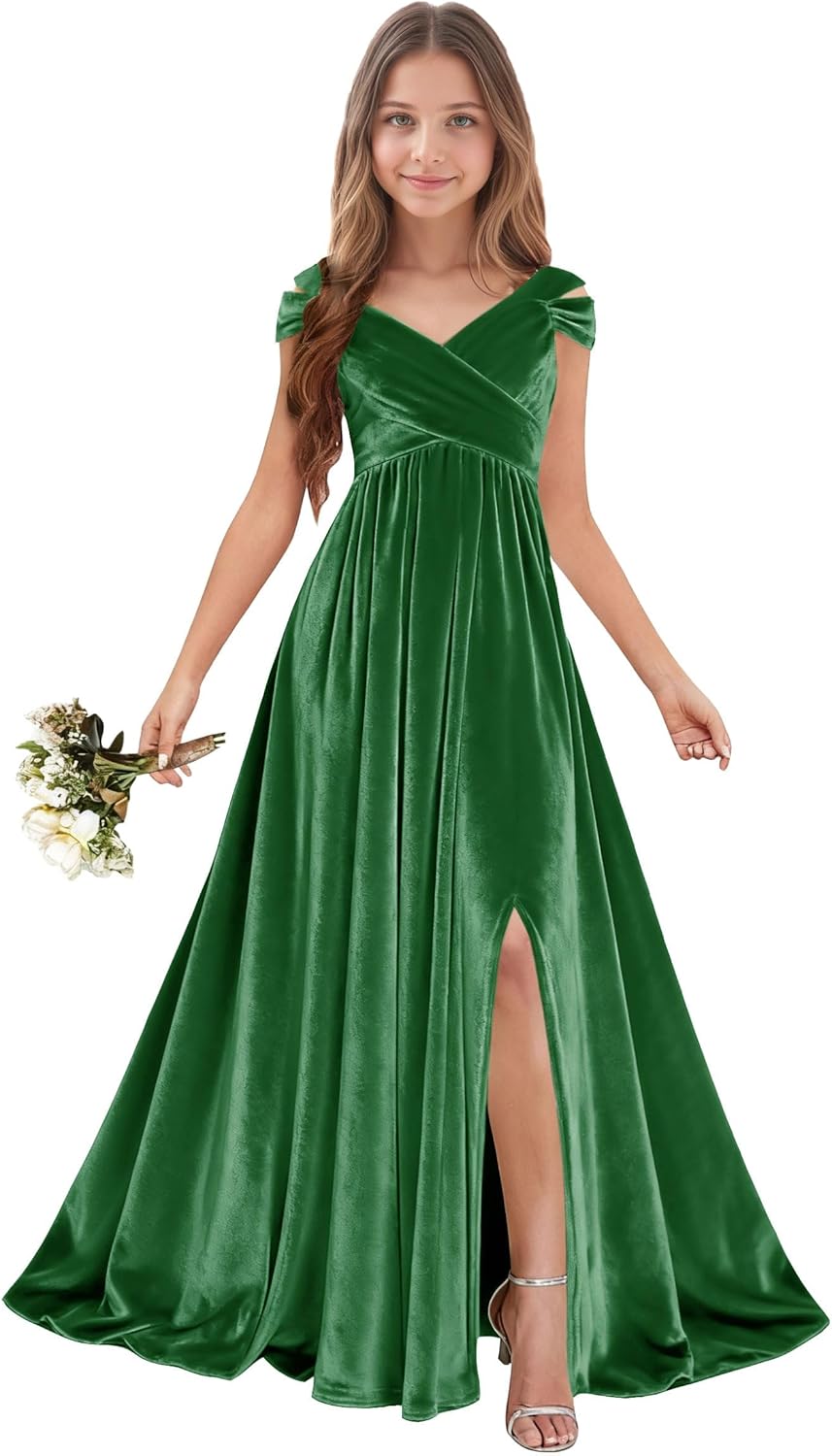Velvet Junior Bridesmaid Dresses for Wedding - Off Shoulder Flower Girl Dress Teen Girls Formal Party Prom Gowns