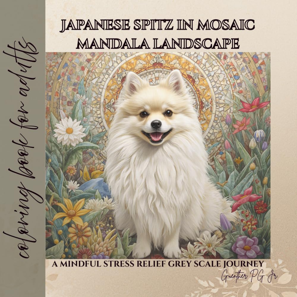Japanese Spitz in mosaic mandala landscape: a mindful stress relief grey scale journey