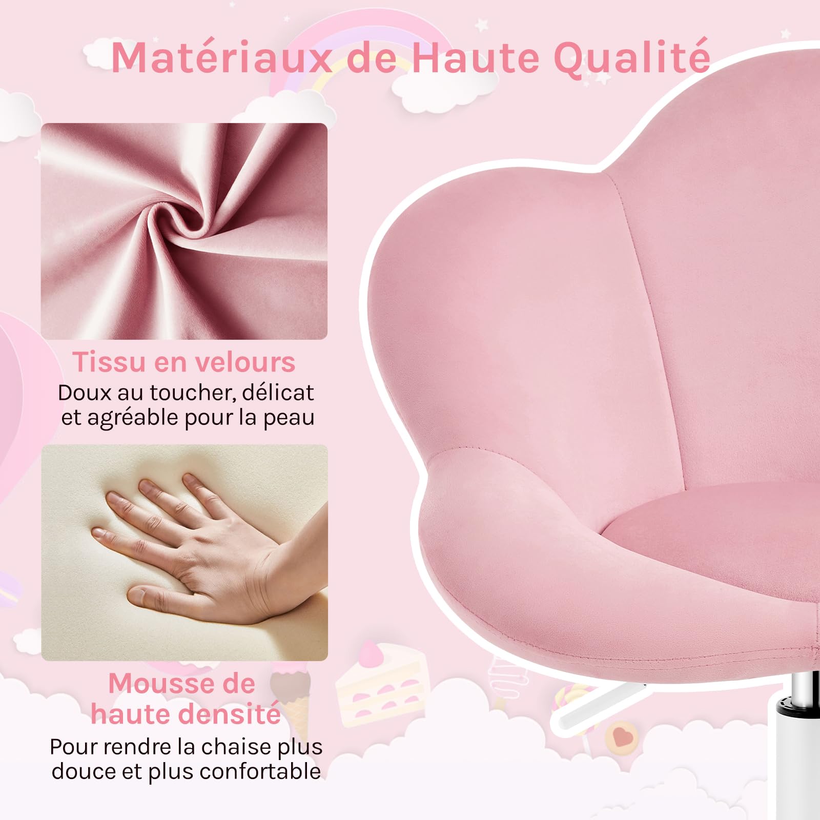 WOLTU Chaise Bureau Enfant, Chaise Pivotante en Velours, Ergonomique, Réglable en Hauteur, Siège Rembourré, en Forme de Pétale, pour Bureau, Chambre d'enfant, Rose Clair