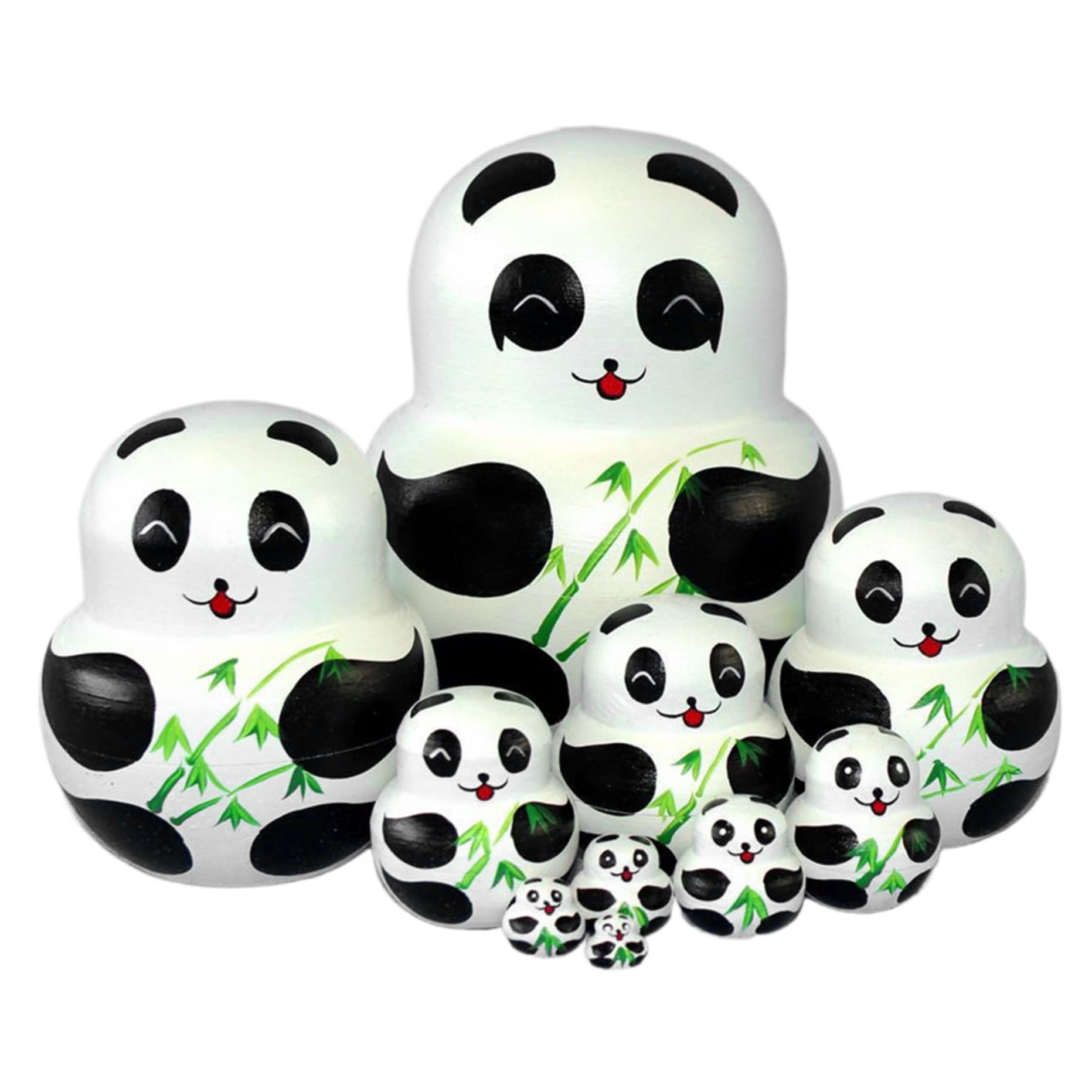Matroschka-Puppen im Panda-Design, niedlicher Cartoon mit Bambusmuster, 1 Set (10 Stück), russische Matroschka-Puppen aus Holz für Kinder