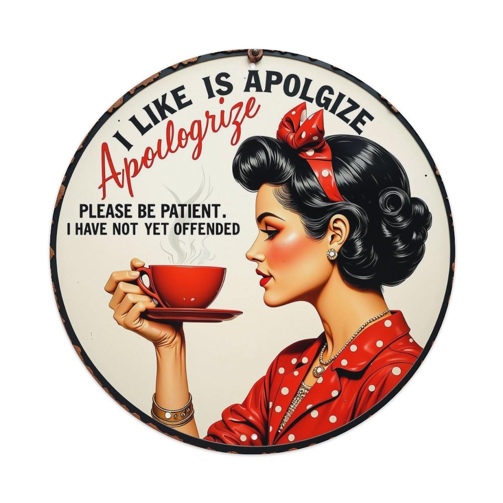 Retro Woman Holding Red Cup Vintage Metal Tin Sign Retro Wall Decor for Home Bar Garage Cafe, Indoor & Outdoor Decorative，circle Metal Poster, 8x8 Inch