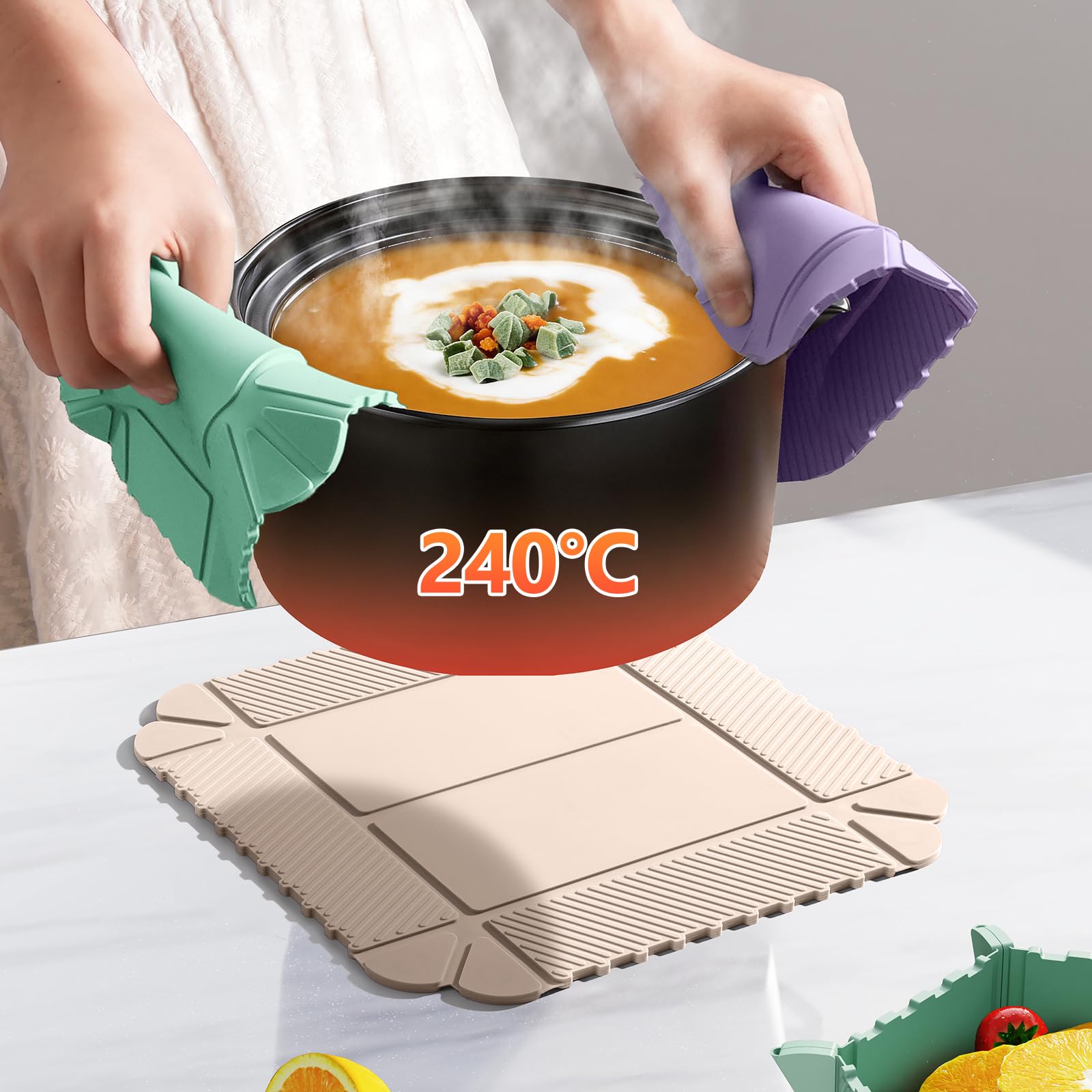 nediea 鍋敷き おしゃれ シリコン 3枚セット 22CM なべしき 耐熱 240度 滑り止め 柔軟 防水マット 断熱パッド 多機能 折りたたみ可能収納皿 冷蔵庫マグネット収納 簡単洗浄 収納便利 四角型 (ベージュ) - 4