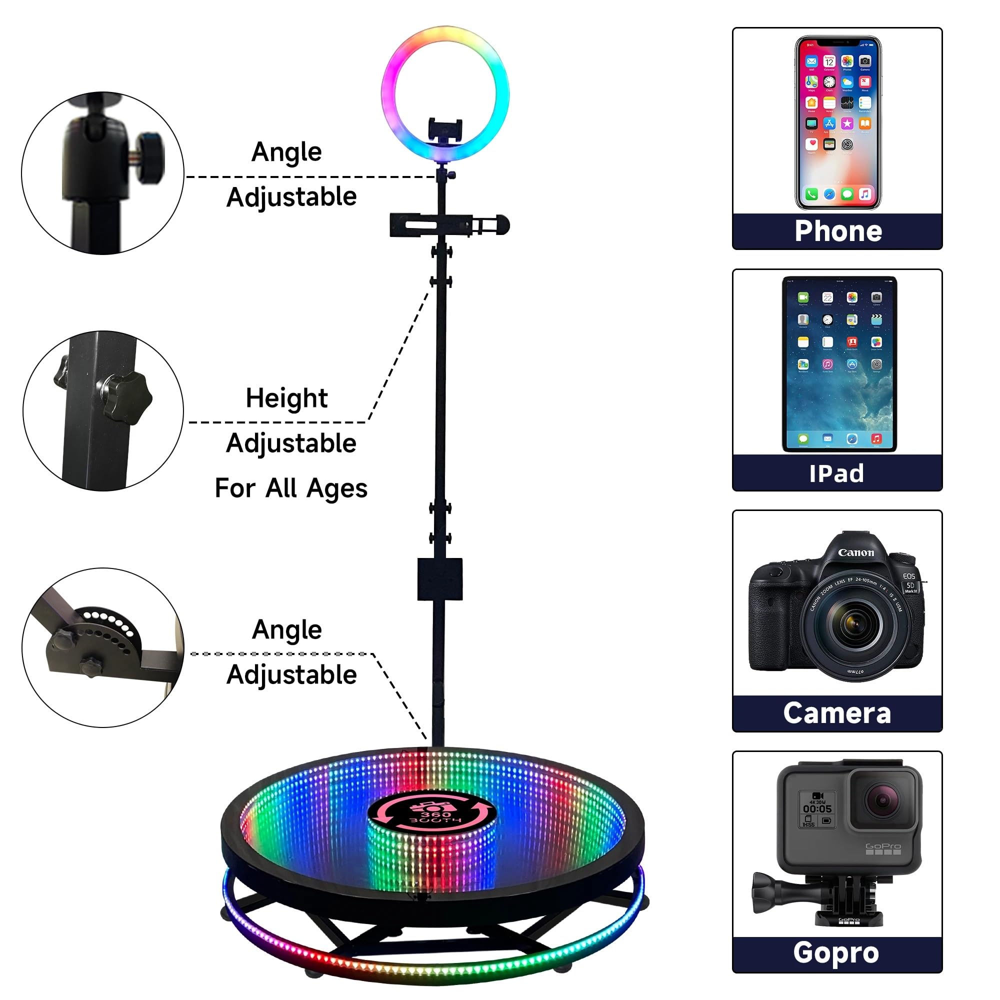 Photo Booth 360 con piattaforma per selfie, APP e telecomando, luce ad anello RGB, rallentatore automatico, cabina video rotante con custodia per matrimoni ed eventi
