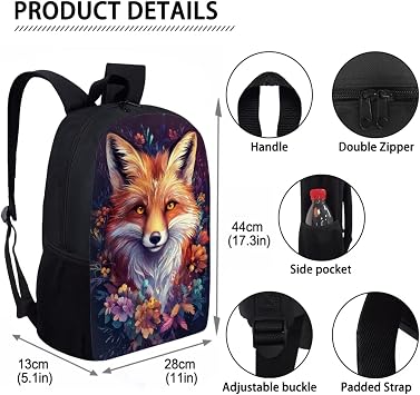 Art Fox Backpack Set for School Kids Boys Girls 4 Pcs Animal Fox Print Book Bag with Lunch Box Pencil Pen Bag Water Bottle Holder Children Back to School Backpack Large Schoolbag Sets