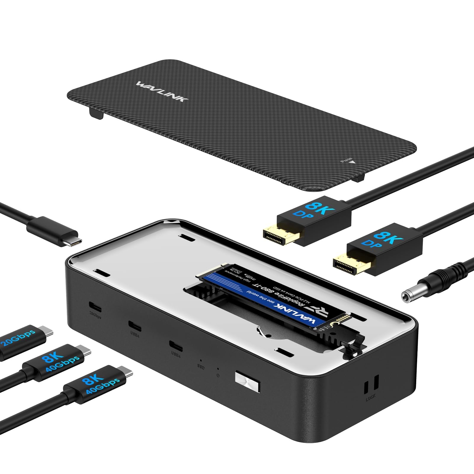 WAVLINK Docking Station USB4 per lavoro creativo professionale, display singolo 8K o triplo 4K, PD 130W, USB4 40Gbps, USB-C 20Gbps, custodia SSD NVMe M.2 20Gbps con ventola di raffreddamento