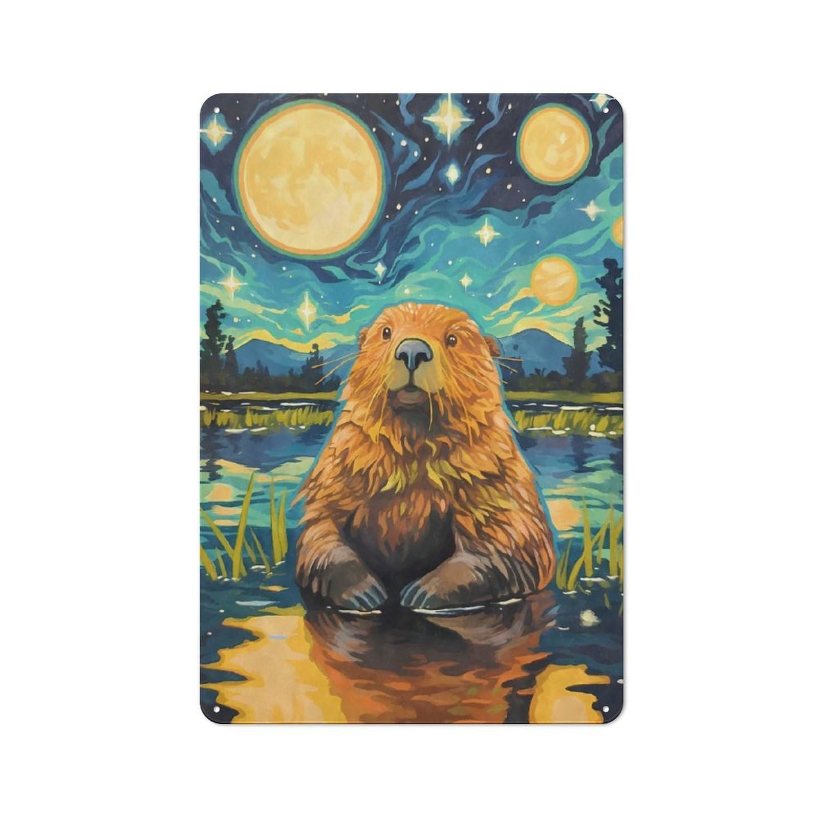 Junmoney Style-23 Workshop Style Garage Metal Sign 30X20cm Featuring Cute Beaver Starry Night, Industrial Wall Art For Garage, Hobby Room, Office Or Man Cave