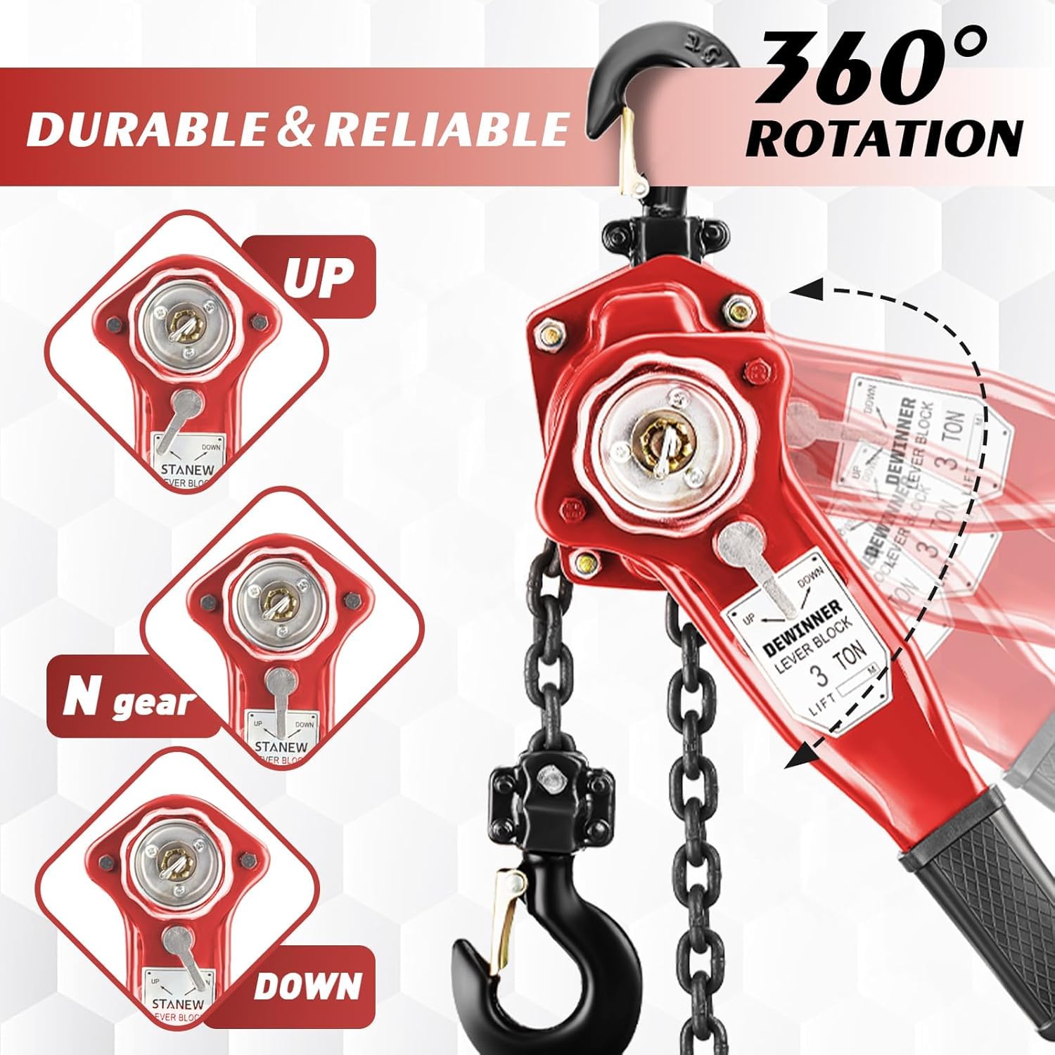 Paranco a Leva Manuale 3T DEWINNER, Altezza di Sollevamento 2,8 m, Catena G80 in Acciaio al Carbonio, Gancio Orientabile a 360°