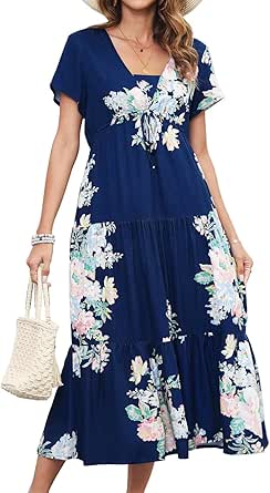 FIMRREO Women Casual Short Sleeve Summer Dress V Neck Boho Floral Loose