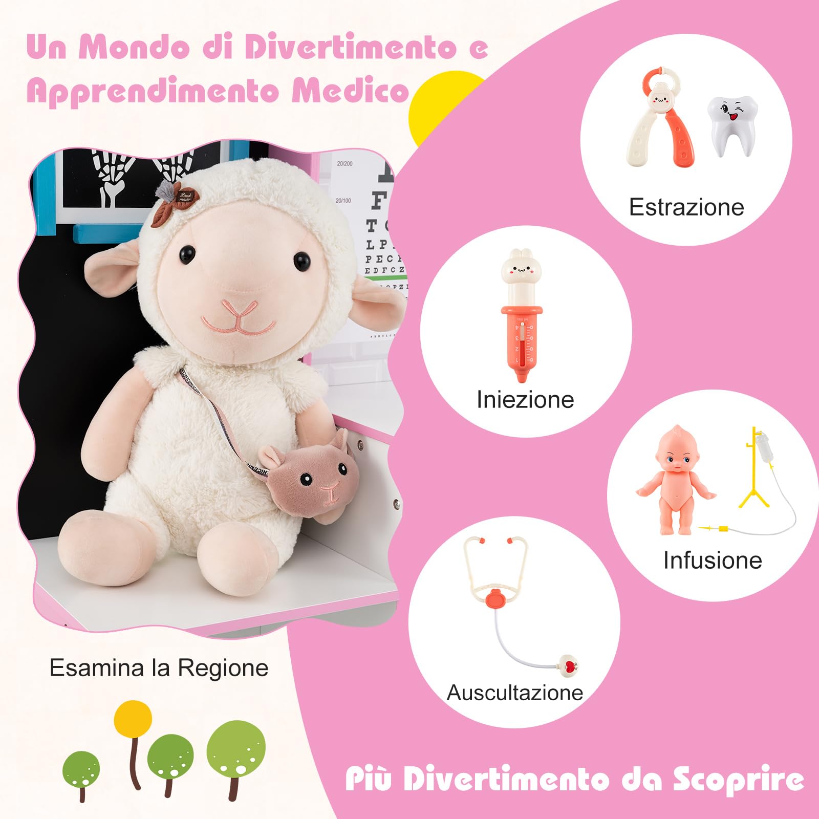 COSTWAY Set Gioco Dottore per Bambini, Gioco di Ruolo Medico in Legno con Stetoscopio, Radiografie, Monitor ECG, Tabella Oculistica e 29 Accessori, Medico Giocattolo per Bambini 3+ Anni (Rosa)