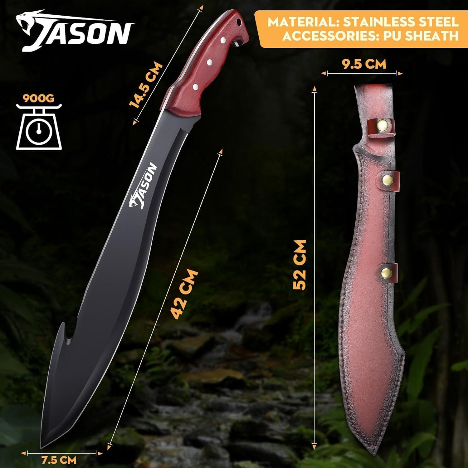 JASON Machete Survival Großes Outdoor Messer Feststehend mit Holzgriff Bushmesser Jagdmesser mit PU Scheide Großes Bushcraft Messer für Outdoor Aktivitäten