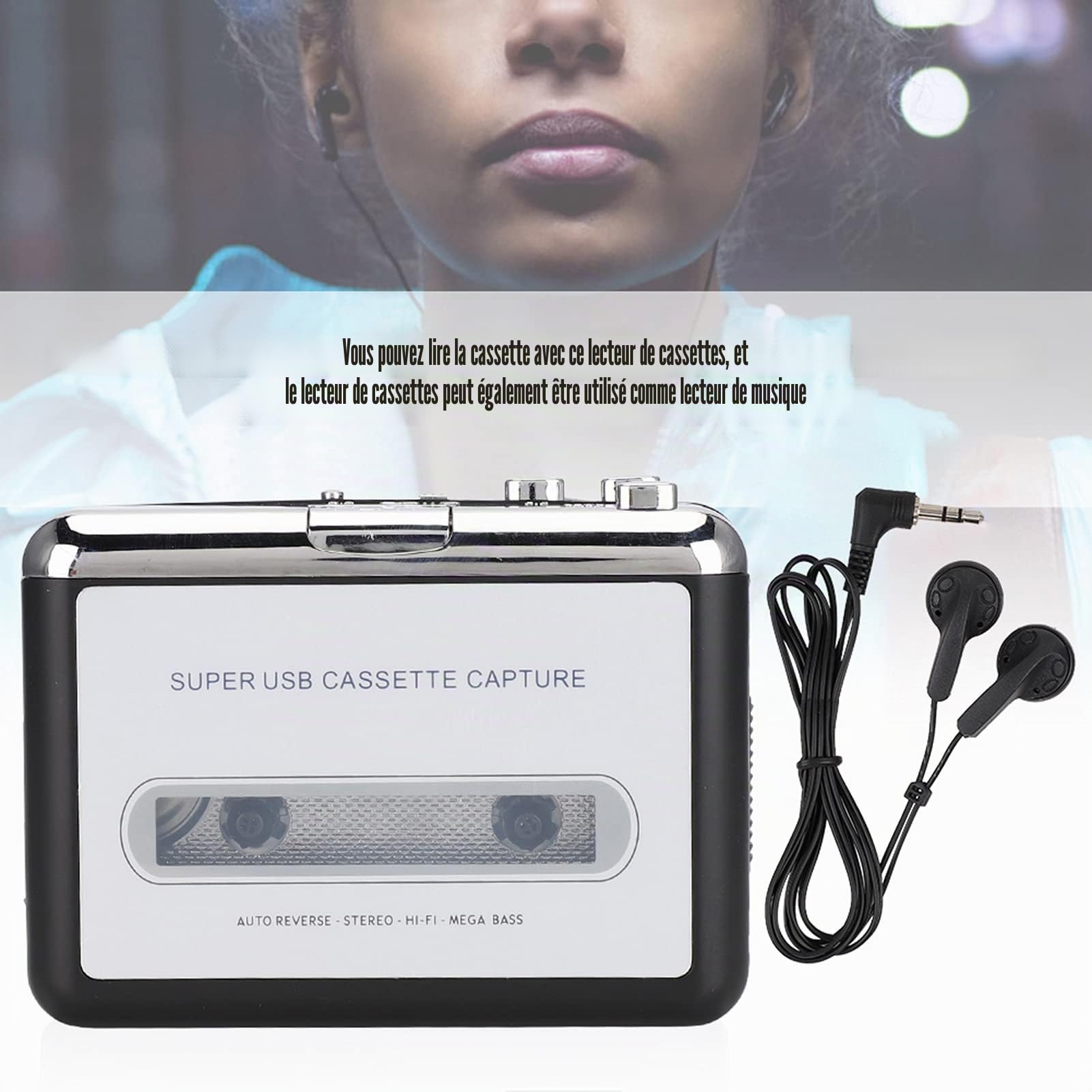 Lecteur de Cassette USB convertisseur de Bande en MP3, Portable de Lecteur de Musique avec Écouteurs, pour Convertir des Cassettes en MP3 Numérique Via USB