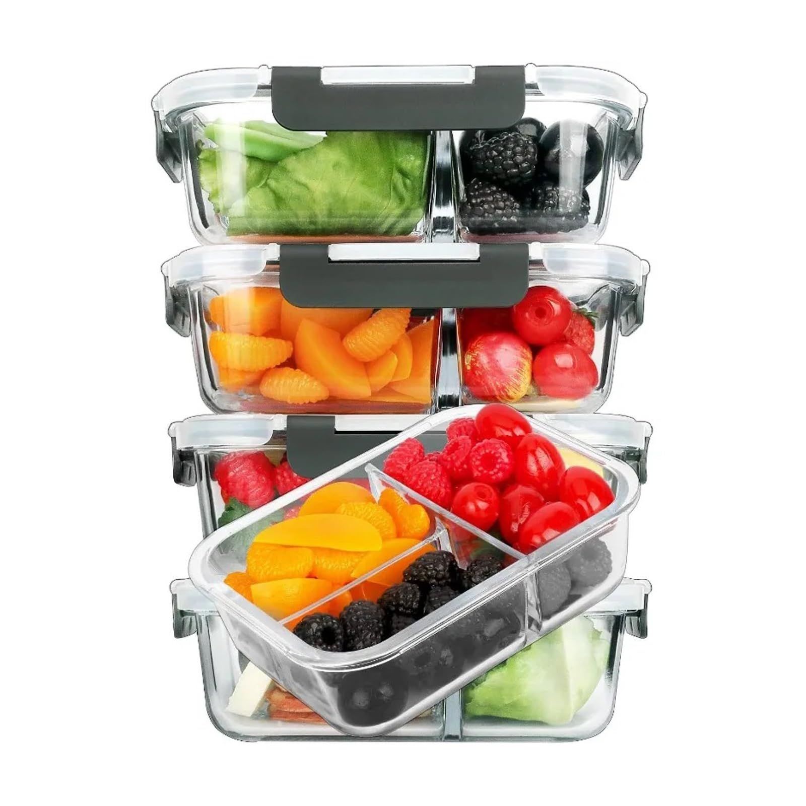 Szklane pojemniki do przygotowywania posiłków z pokrywkami, 3 przegrody, pudełka na lunch, do kuchenki mikrofalowej i zamrażarki, bezpieczne pudełka Bento (szare)