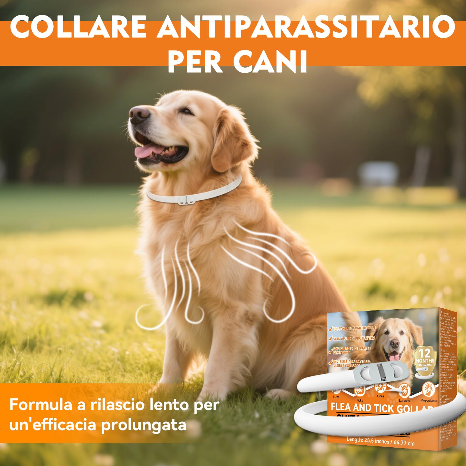 Collare Antiparassitario per Cani, Regolabile e Impermeabile con Protezione Naturale, 65cm Adatto a Tutte le Taglie, Protezione Efficace per 12 Mesi (1 Pack)