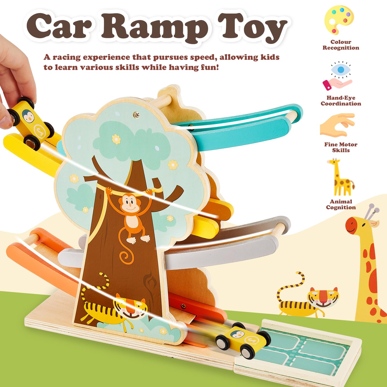HERSITY Wooden Car Jump Ramp Race Track Toy Toddlers - Image 4