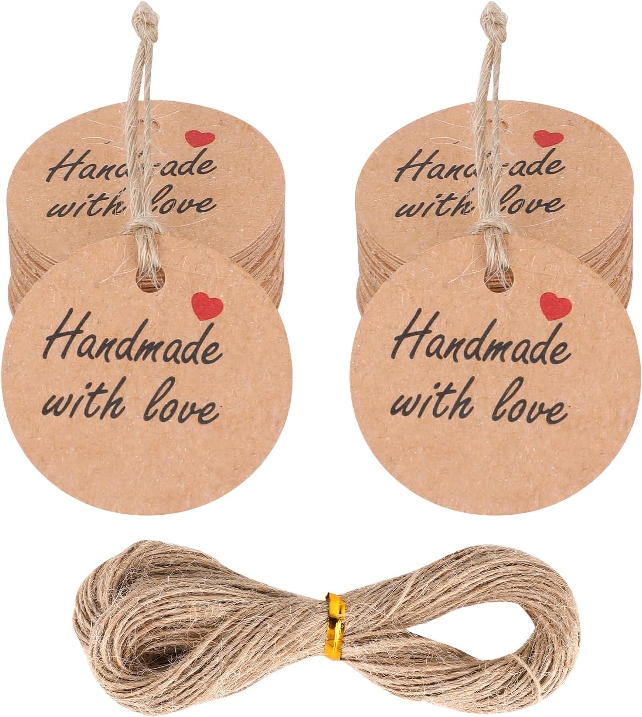 100Pcs Handmade with Love Tags Paper Hanging Tags with String 1.2โ Round Brown Gift Labels with 66 ft String Personalized Handmade Tags for Crafts Candle Tins Wedding Birthday Party Favors