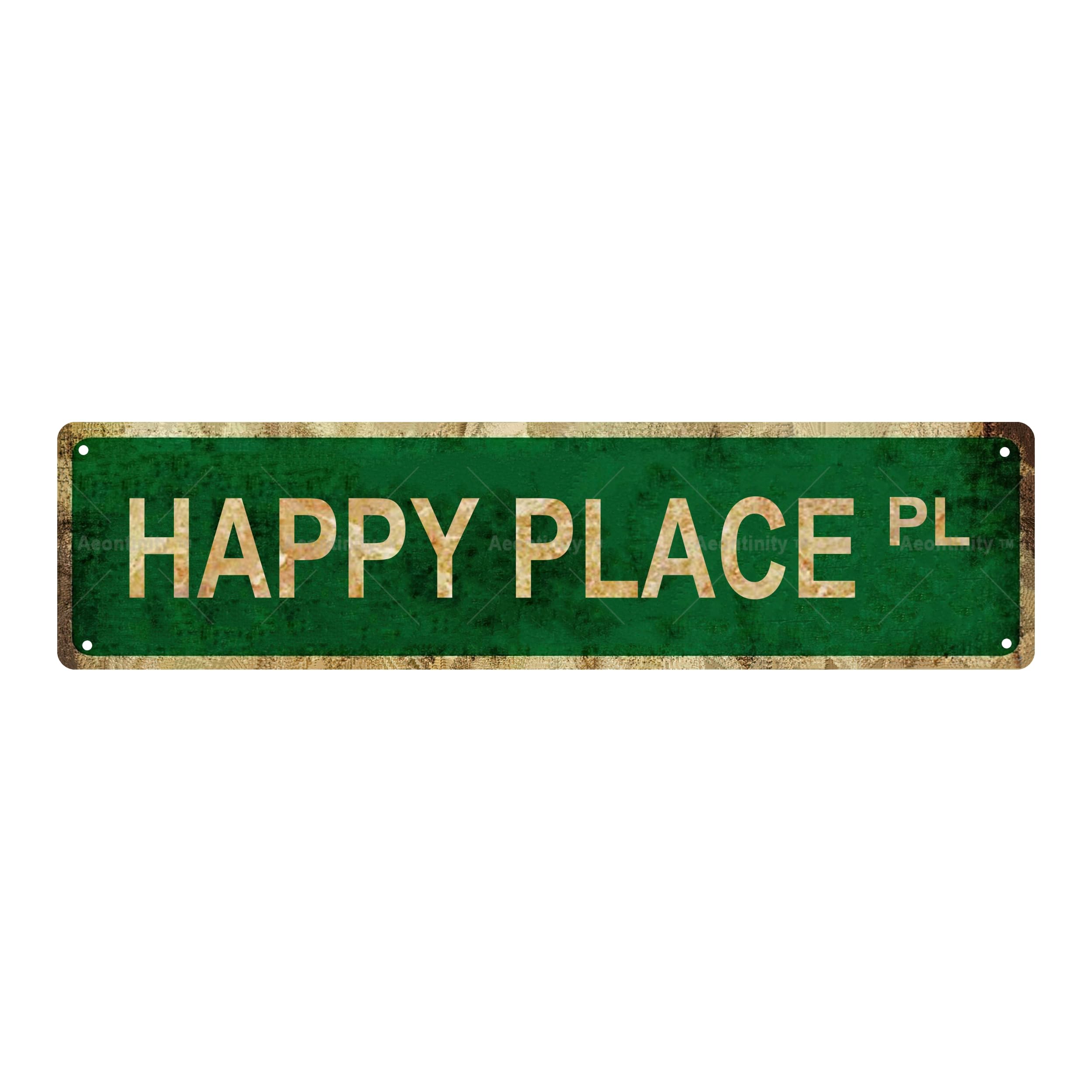 Happy Place Pl Metal Tin Street Sign Bar Cafe Garage Cave Home Room Wall Bathroom Farmhouse Garden Porch Patio Decor,4x16 Inch