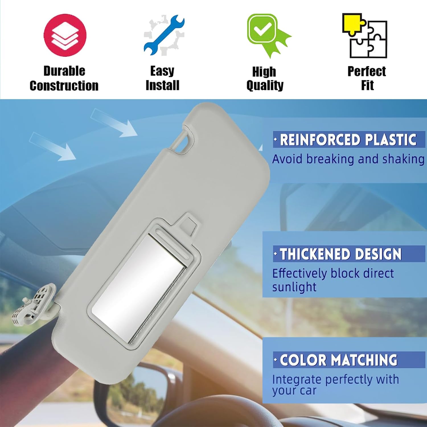 Gray Left Driver Side Car Sun Visor Fits for 2016 2017 2018 2019 Hyundai Elantra AD, Replaces 85210-F0100TTX