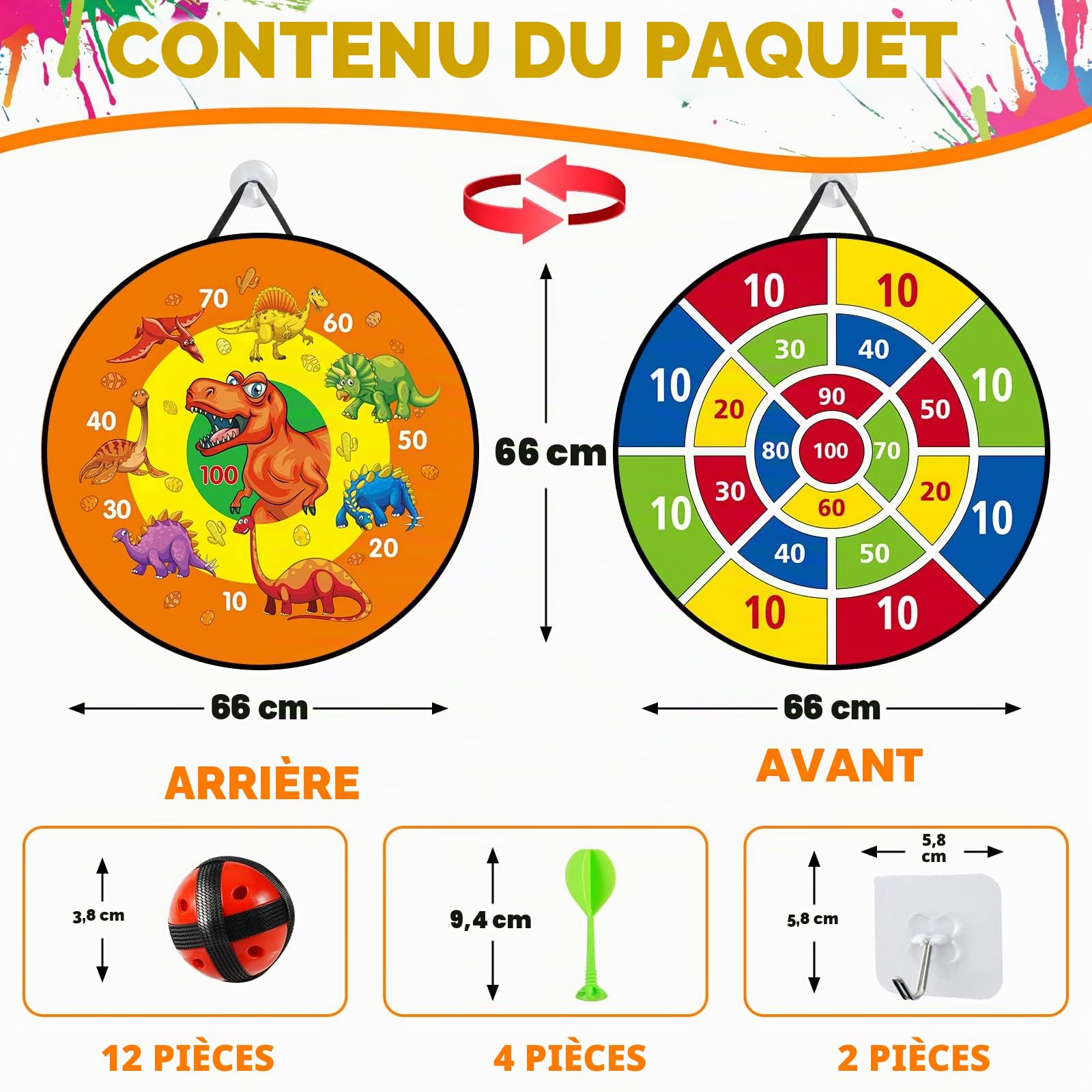 Jeu de Fléchettes Double Face Dinosaures Pliable 66 cm avec 12 Balles Collantes 6 Fléchettes 2 Crochets, Jeux de Fête Intérieurs et Extérieurs Garçon Fille et Adulte 26 inches