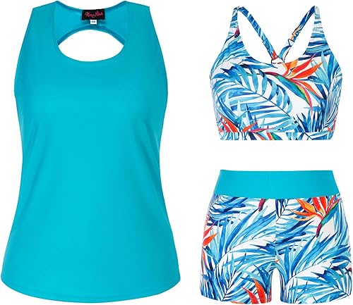 Hanna Nikole Traje de baño de 3 piezas para mujer talla grande control de abdomen conjunto de tankini atlético