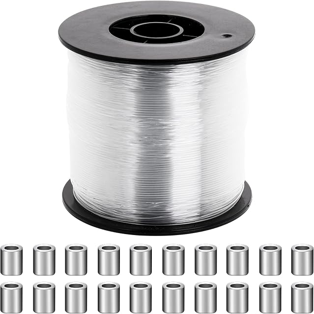 Clear Invisible Hanging Wire 0.8 mm up to 80 Lbs, 656Feet Fishing Line with 100PCS Aluminum Crimping Loop Sleeves Clear String Hanging Kit for Picture Frame Decoration, Beading Sewing