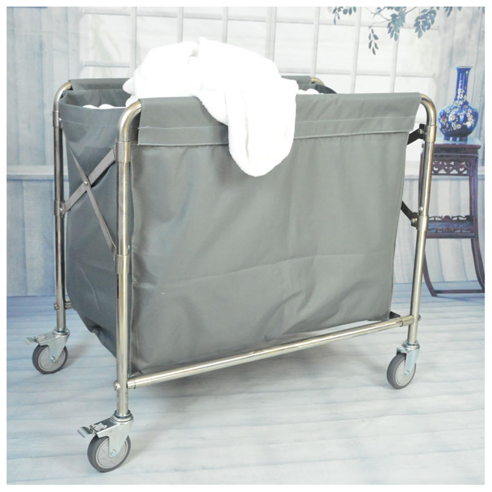 Carrito plegable de acero inoxidable con ruedas TPR silenciosas y asa de tela suave para eventos