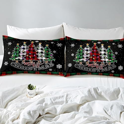 Miniatura 6 de Juego de funda de edredón para niños de Feliz Navidad, tamaño King, juego de ropa de cama con estampado a cuadros rojos, negros y verdes, 3 piezas,