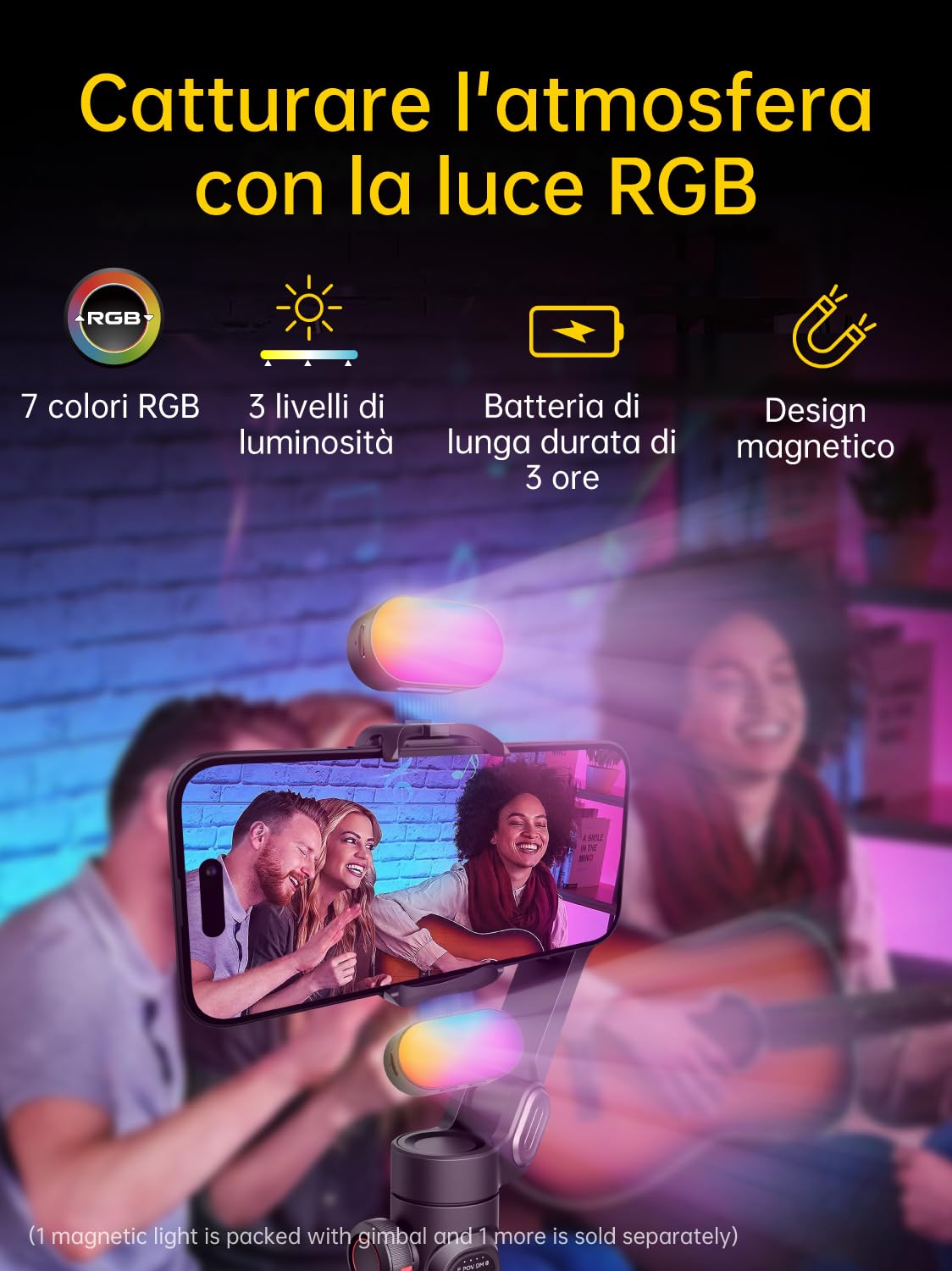 AOCHUAN Stabilizzatore per smartphone pieghevole a 3 assi con luce RGB magnetica, rilevamento del viso e rotella di messa a fuoco - Compatibile con iPhone/Android per vlogging - Smart XE Kit