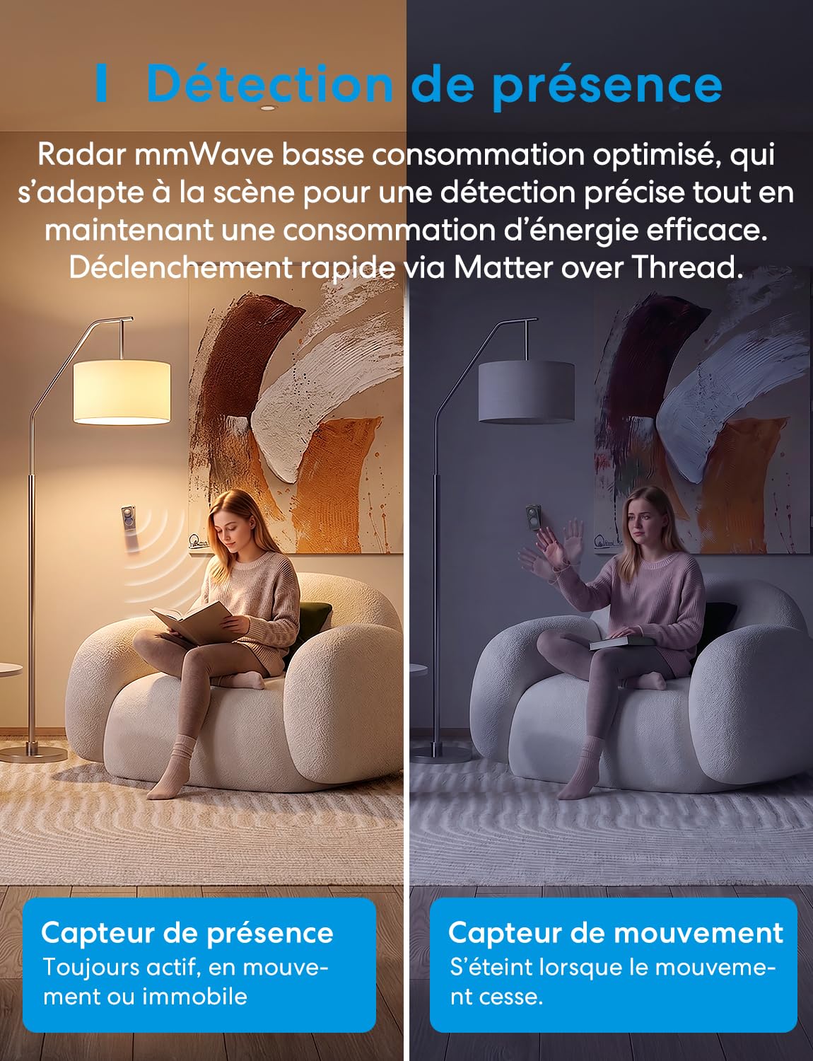 Meross Détecteur de présence Matter Over Thread, détection 3 Zones | Détecteur de mouvement et présence, radar mmWave, PIR & capteur de luminosité, Home Assistant, HomeKit, Alexa & Google Home