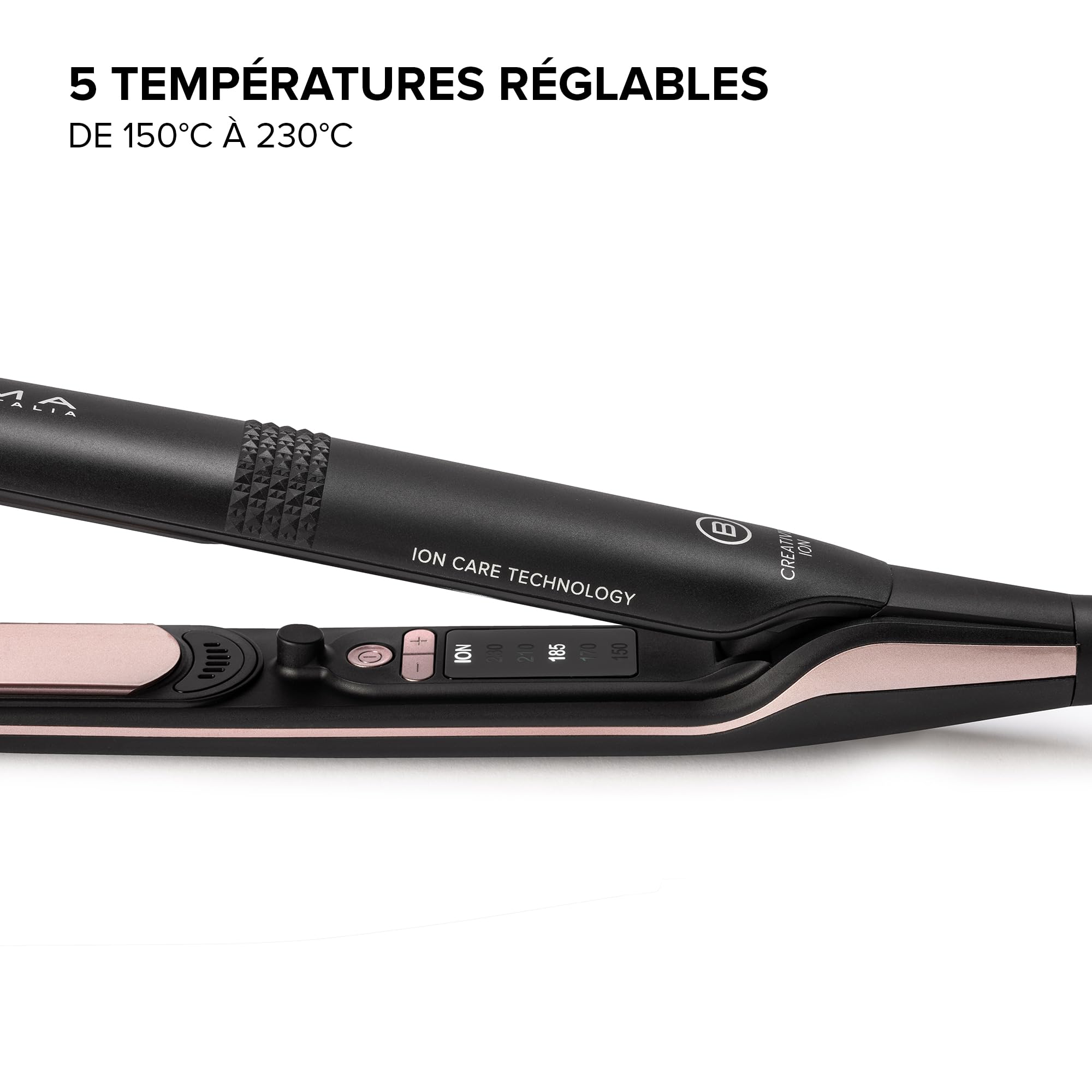 Bellissima Creativity Ion, Lisseur, cheveux lisses ou ondulés, ioniseur, revêtement céramique plus kératine, plaques flexibles, 5 températures 150/230°C
