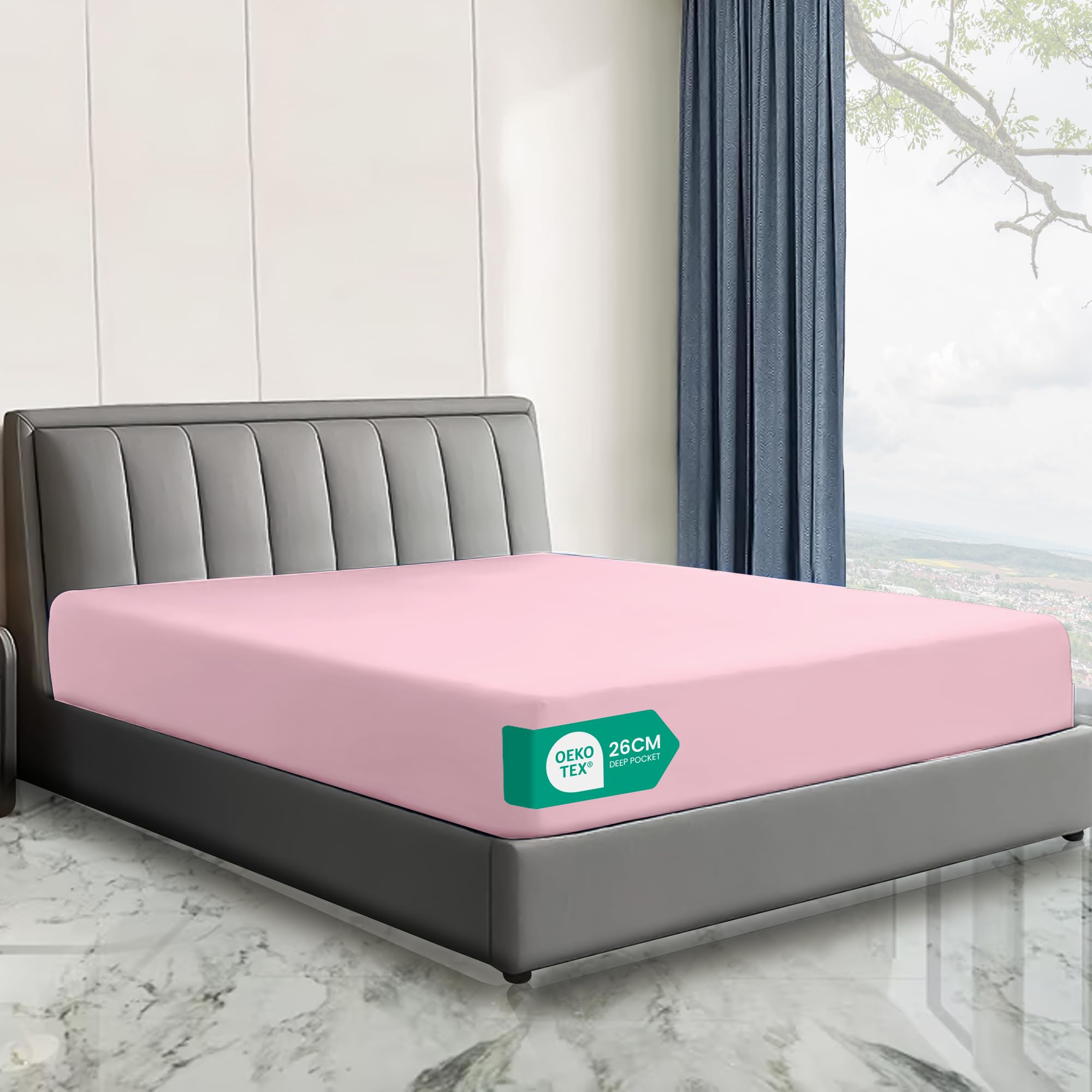 Linen World Hotel Quality Double Fitted Sheet (137×190cm) Pink – 26cm Deep Pocket Brushed Microfiber Bottom Sheet, OEKO-TEX Certified, Soft & Breathable Easy Care Bed Sheet