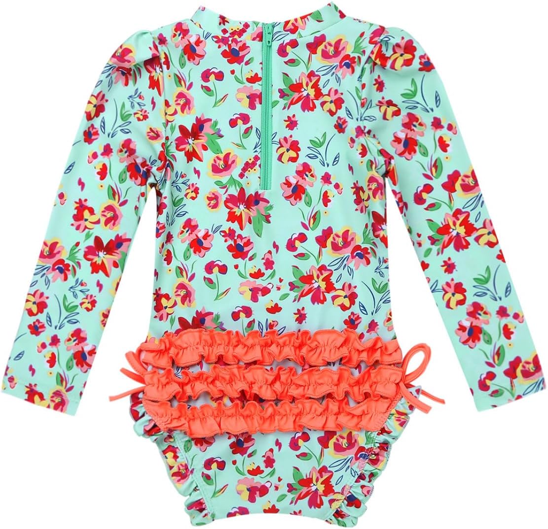 Jugaoge Infant Baby Girls Rash Guard Swimsuit One Piece Sun Protection Floral Printed Zipper Bathing Suit