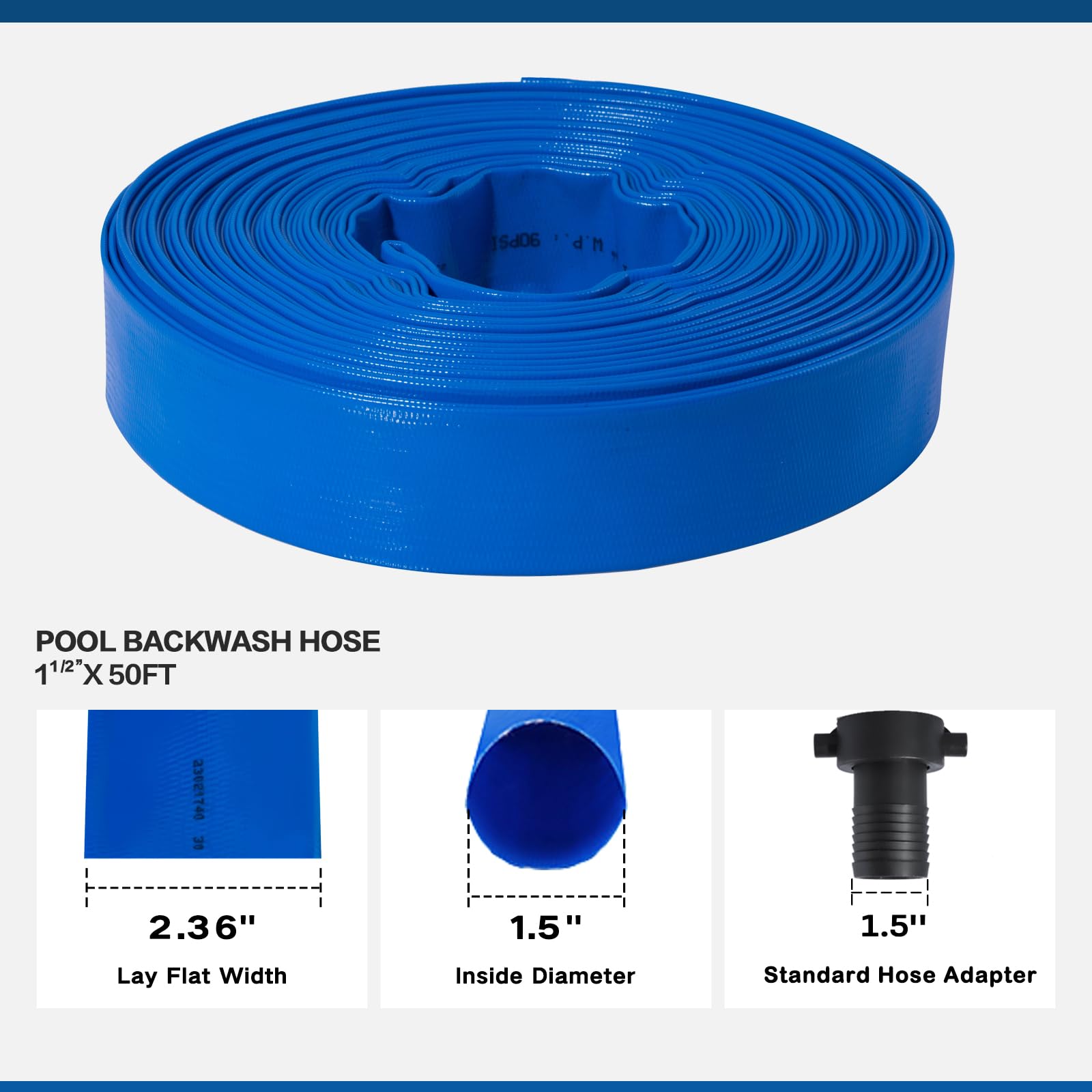Eastrans Kit de manguera de retrolavado de piscina de 1 1/2 pulgadas x 50 pies con adaptador NPT hembra, manguera de bomba de descarga resistente para piscina, manguera de drenaje de piscina reforzada