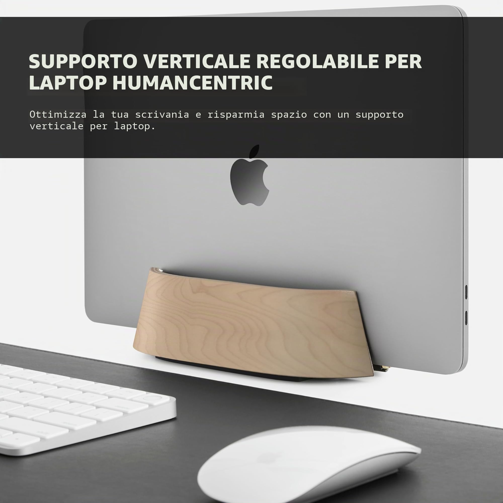 HumanCentric Supporto verticale per computer portatile, Supporto regolabile e Dock, supporto verticale per computer portatile per MacBook Pro e altri da 0,5" a 1,5" scrivania in legno di noce nero