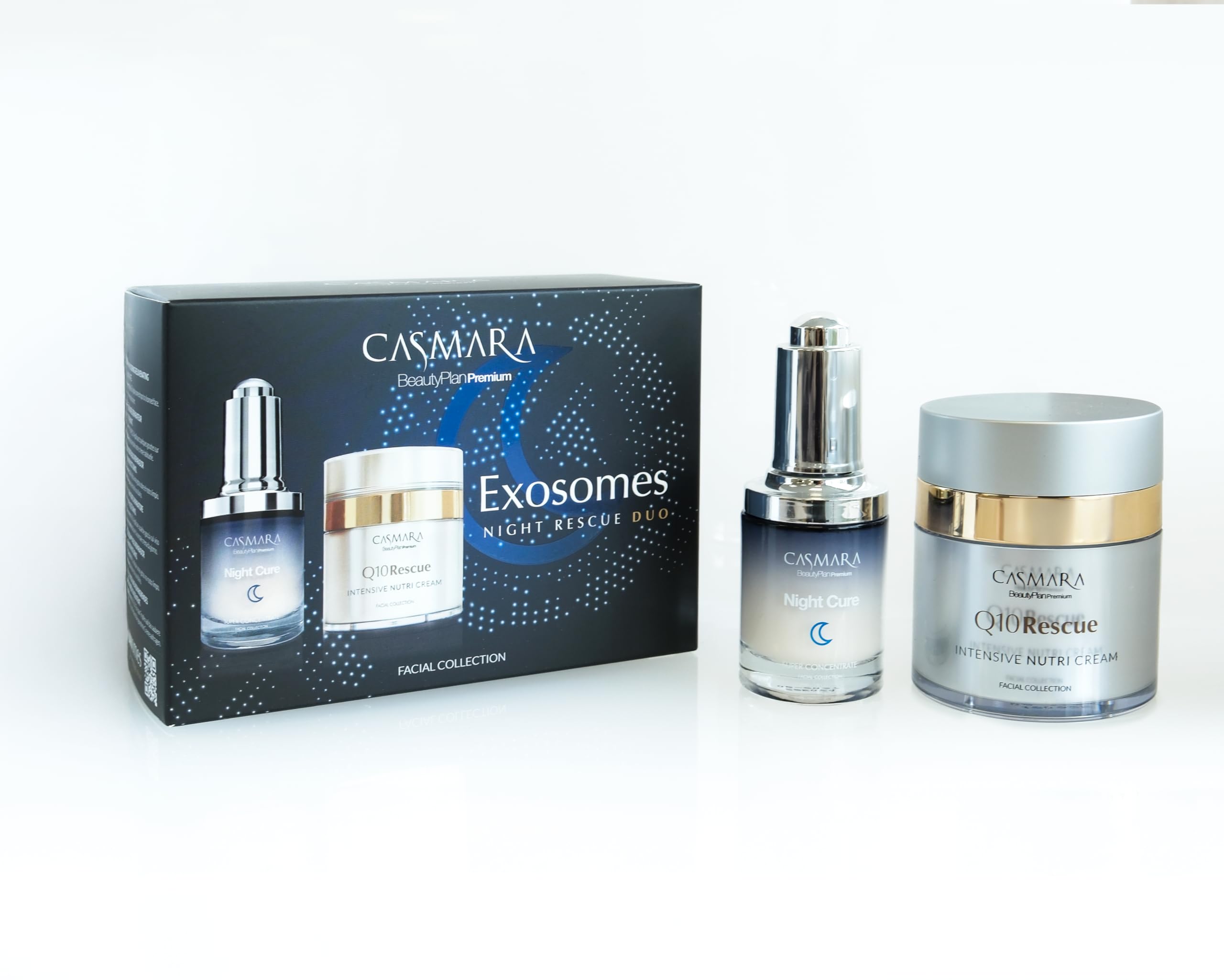 CASMARA - Crema Facial Q10 + Serum Facial Pack Rescue Duo (2 ud) con Exosomas, Matrixyl y Chrono Balance, Crema Hidratante Facial Mujer, Antiarrugas Mujer, Peptidos Faciales, Rellenador de Arrugas