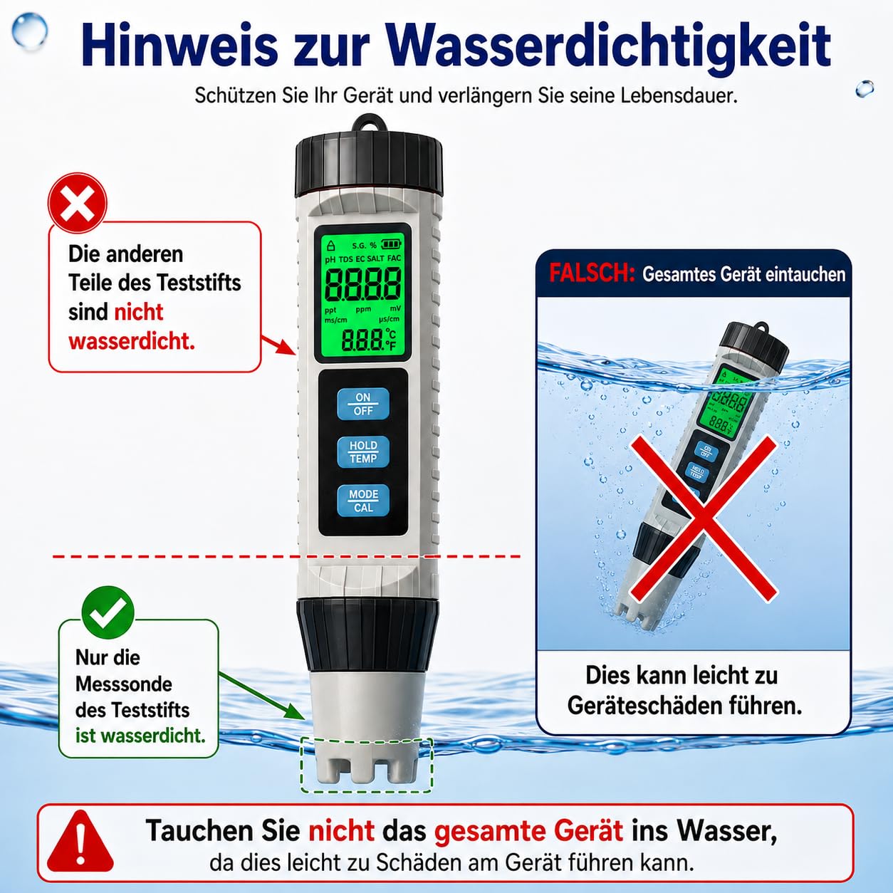 Genossen Testeur d’Eau 8 en 1, pH-mètre Numérique pour pH, TDS, EC, Salinité, ORP, Chlore Libre, Densité et Température, pour Piscine, Aquarium, Spa et Hydroponie