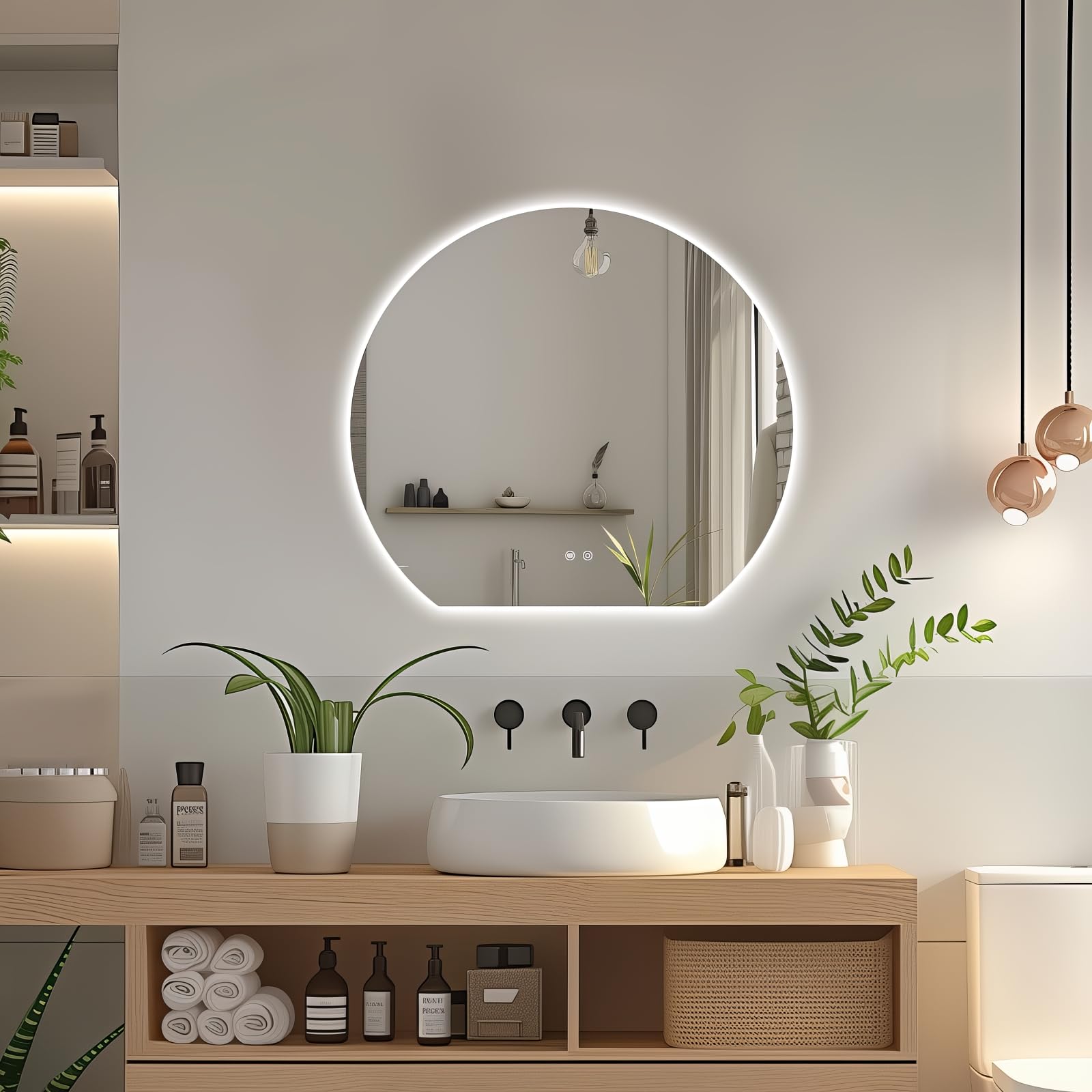 Niccy Half Moon Round LED Bathroom Mirror for Wall 24 Irregular LED Mirror with Anti-Fog 3-Color Adjustal Dimmable