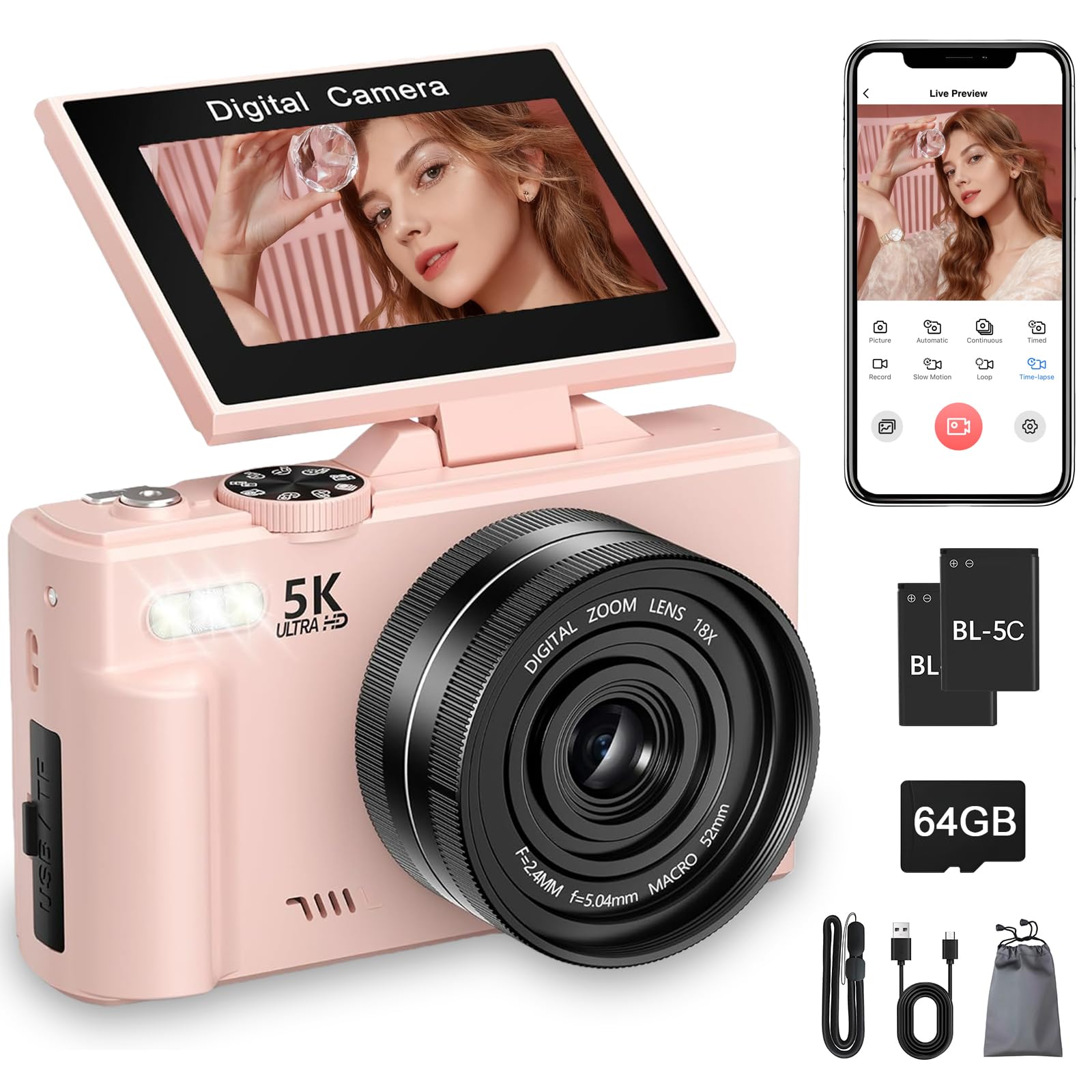 5K Digital Camera, 75MP WiFi Vlogging Camera with 180° Flip Screen, Autofocus, 18X Zoom, 64GB Card, 2 Batteries, Compact Point and Shoot Digital Cameras for Beginner Teens Student Kids Girls (Pink)-image-40
